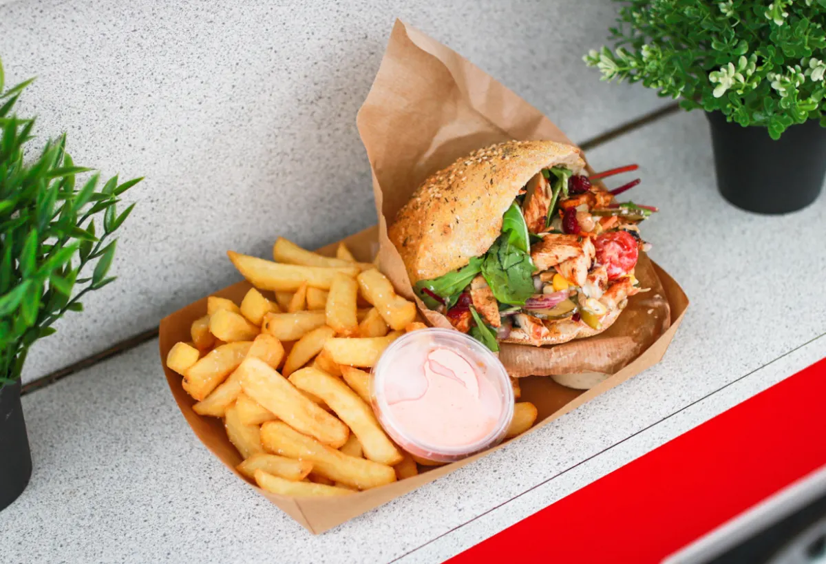Pita med kylling, pommes frites og dip i bakke
